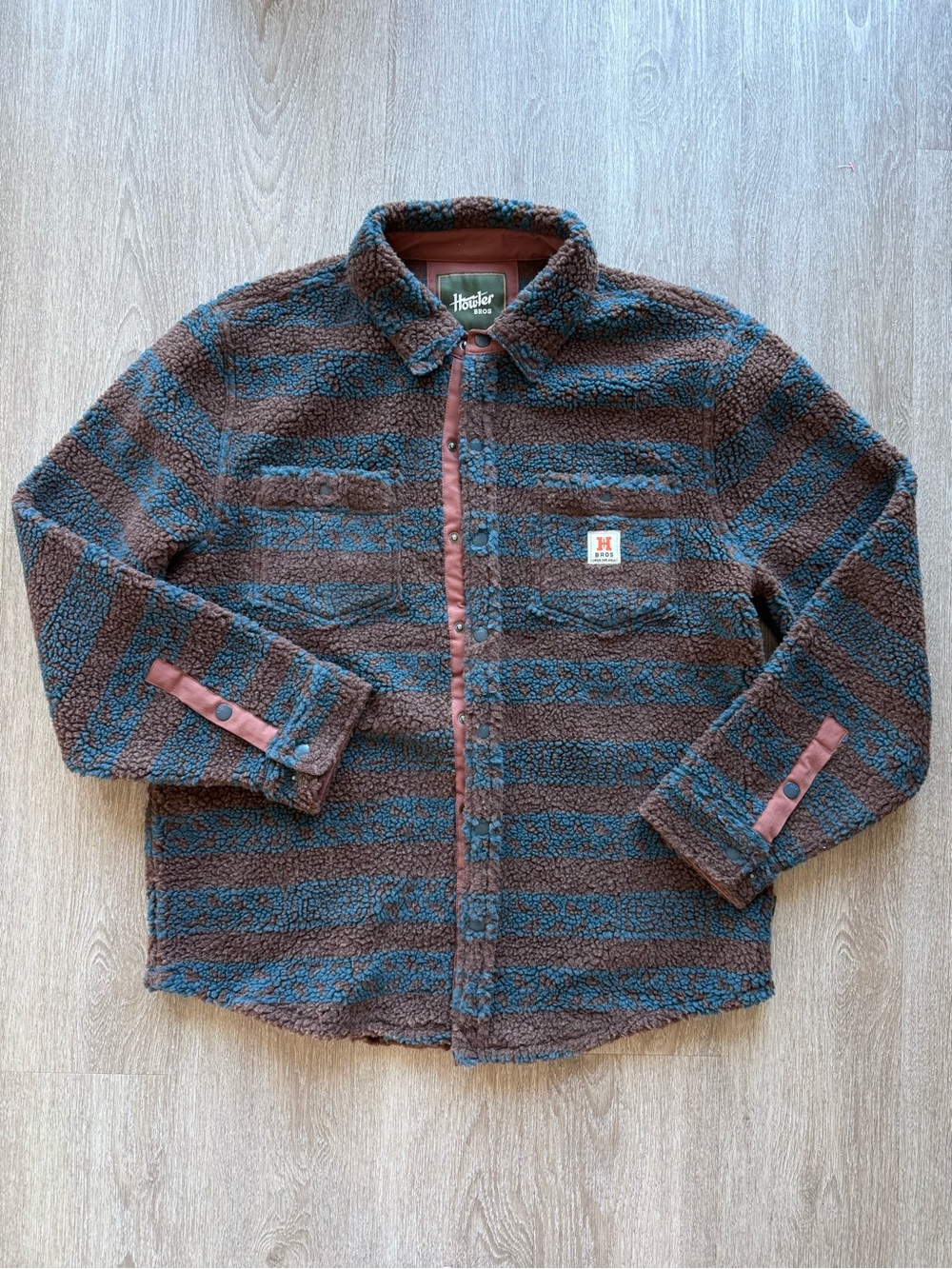 Howler Bros Fleece Button Snap Shirt Jacket Brown Blue Striped Mens Size Large L